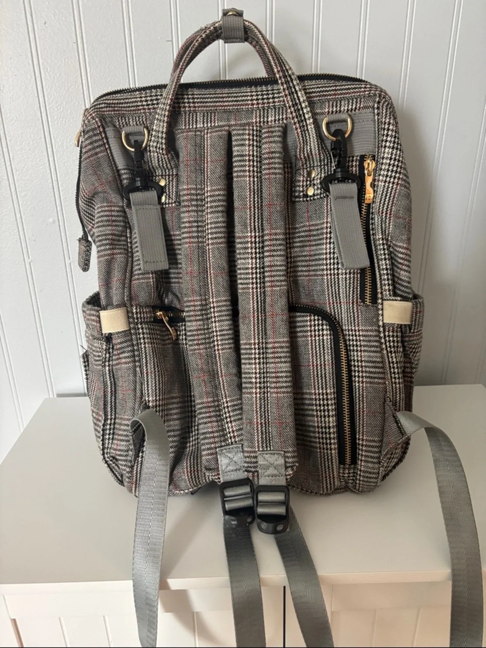 HaloVa Original Gray Plaid Backpack. Diaper Bag Pumping Bag